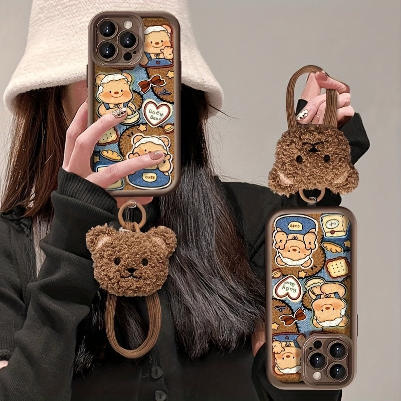 1pc Butter Bear Pattern Plush Lanyard Brown High Bamboo Mobile Phone Case, TPU Material Full Cover Anti-fall Lightweight Sandpaper Mobile Phone Protective Case, Suitable for iPhone 16/11/13/15/15 Plus/15 Pro/15 Pro Max/12/14